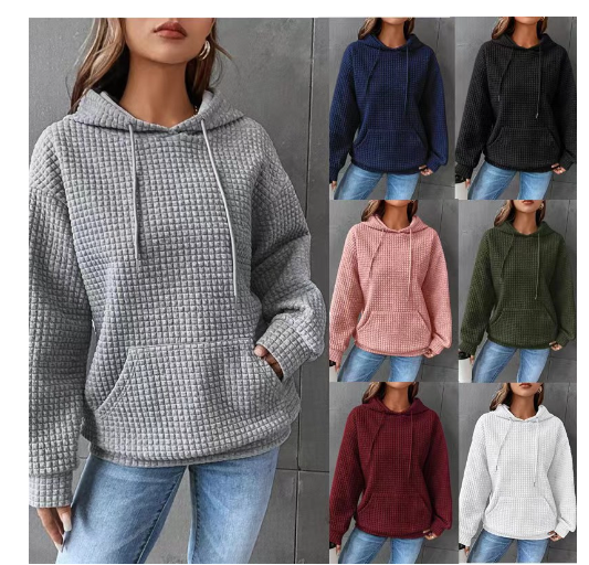 Hoodies For Women Casual Pullover Waffle Long Sleeve Drawstring Hooded Sweatshirt with Pocket