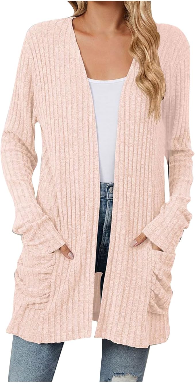 Women's 2024 Fall Lightweight Cardigan Long Sleeve Open Front Knit Cardigan Sweater with Pockets