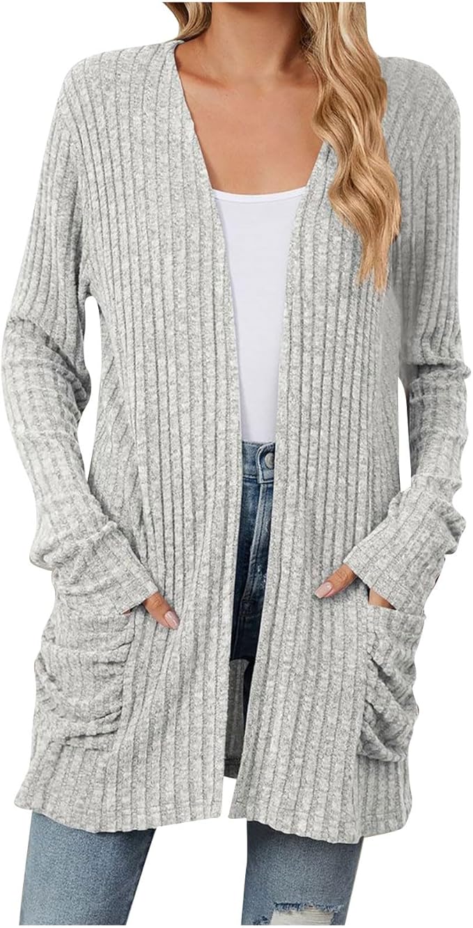 Women's 2024 Fall Lightweight Cardigan Long Sleeve Open Front Knit Cardigan Sweater with Pockets