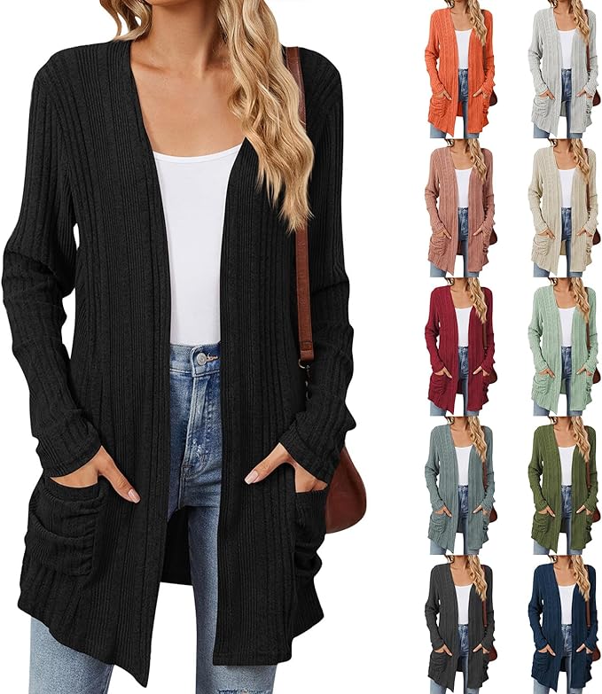 Women's 2024 Fall Lightweight Cardigan Long Sleeve Open Front Knit Cardigan Sweater with Pockets