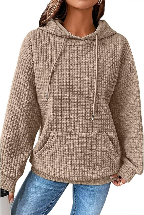 Hoodies For Women Casual Pullover Waffle Long Sleeve Drawstring Hooded Sweatshirt with Pocket