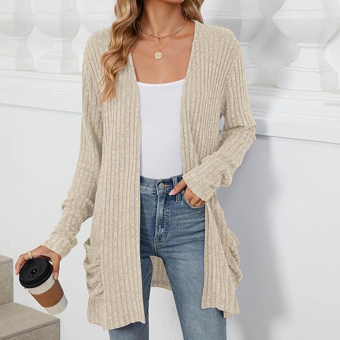 Women's 2024 Fall Lightweight Cardigan Long Sleeve Open Front Knit Cardigan Sweater with Pockets