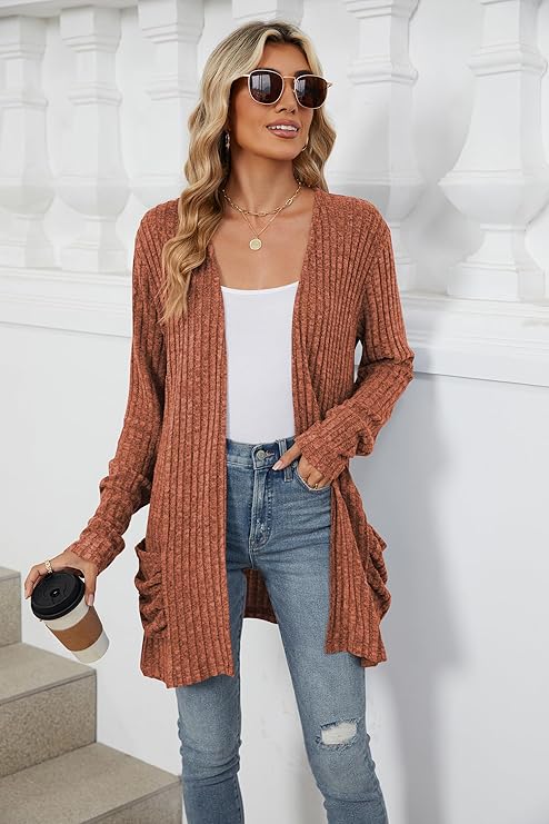 Women's 2024 Fall Lightweight Cardigan Long Sleeve Open Front Knit Cardigan Sweater with Pockets