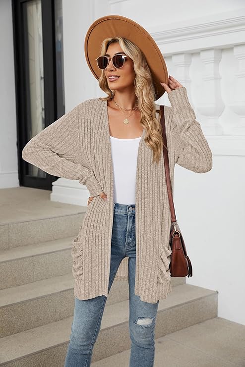 Women's 2024 Fall Lightweight Cardigan Long Sleeve Open Front Knit Cardigan Sweater with Pockets