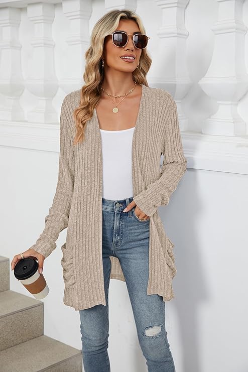 Women's 2024 Fall Lightweight Cardigan Long Sleeve Open Front Knit Cardigan Sweater with Pockets