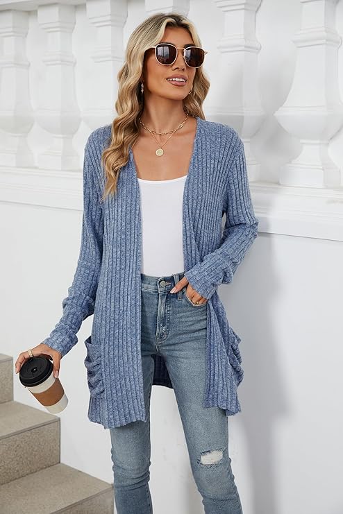 Women's 2024 Fall Lightweight Cardigan Long Sleeve Open Front Knit Cardigan Sweater with Pockets