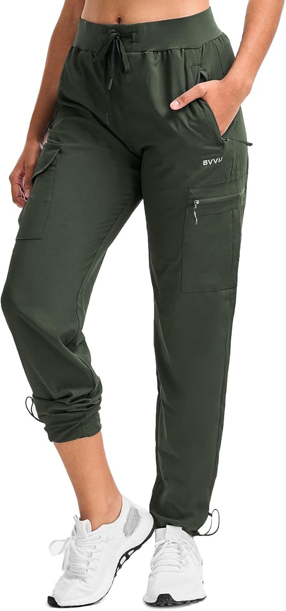 BVVU Women's Cargo Joggers Lightweight Quick Dry Hiking Pants Outdoor Waterproof Athletic Workout Pants with Zipper Pockets