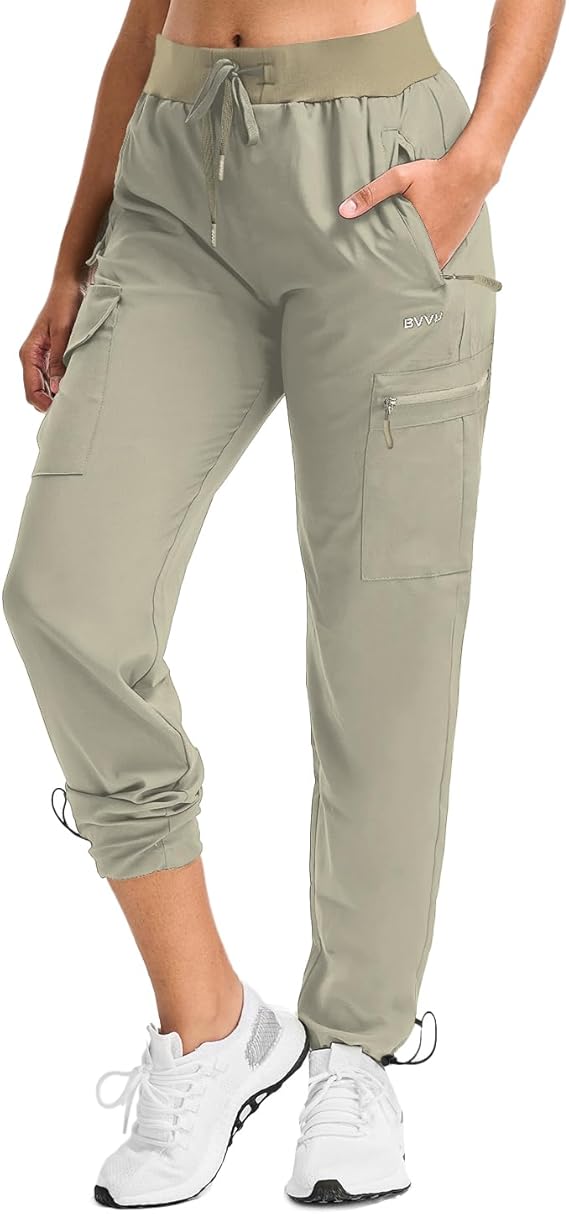 BVVU Women's Cargo Joggers Lightweight Quick Dry Hiking Pants Outdoor Waterproof Athletic Workout Pants with Zipper Pockets